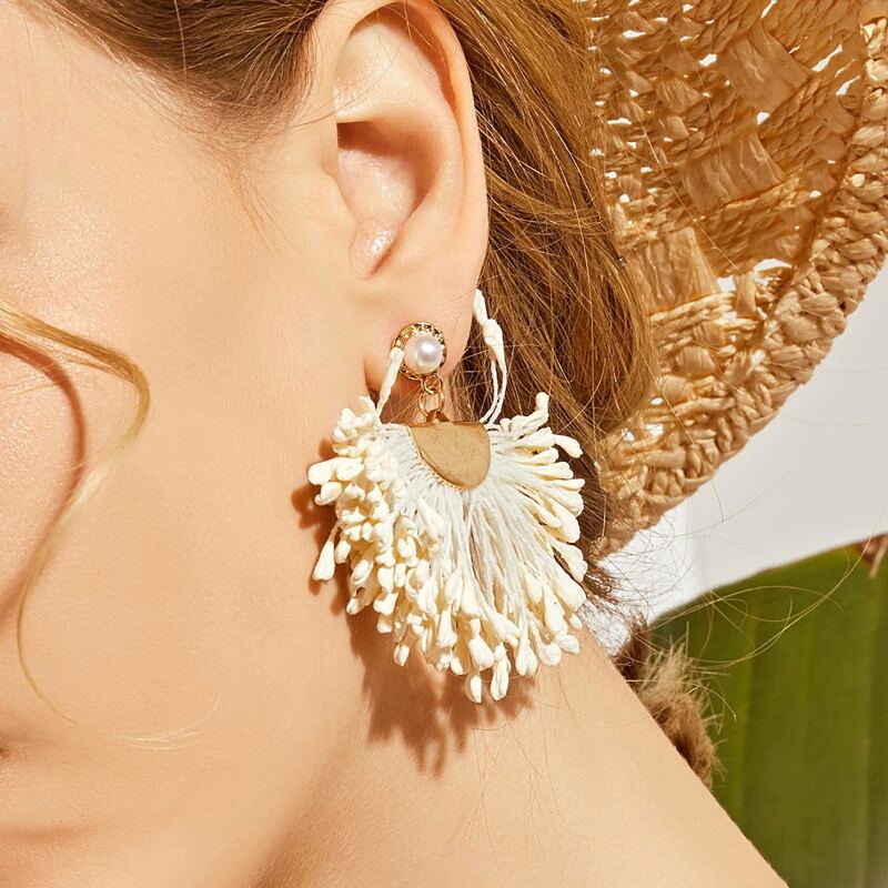 

1pair Faux Pearl Tassel Drop Earrings, Beige