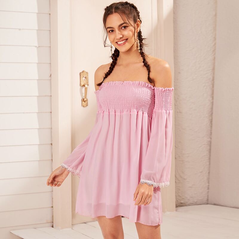 

Shirred Off Shoulder Dress, Pastel baby pink
