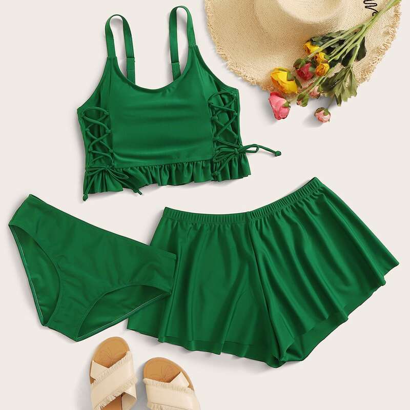 

3pack Lace-up Ruffle Trim Bikini Swimsuit, Green