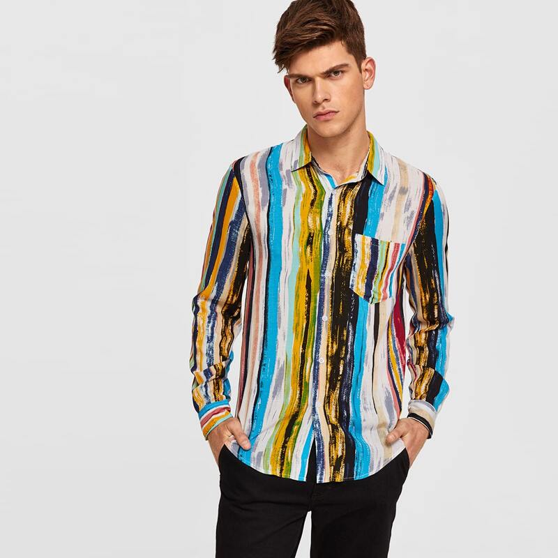 

Guys Patch Pocket Colorful Brush Stroke Striped Shirt, Multicolor