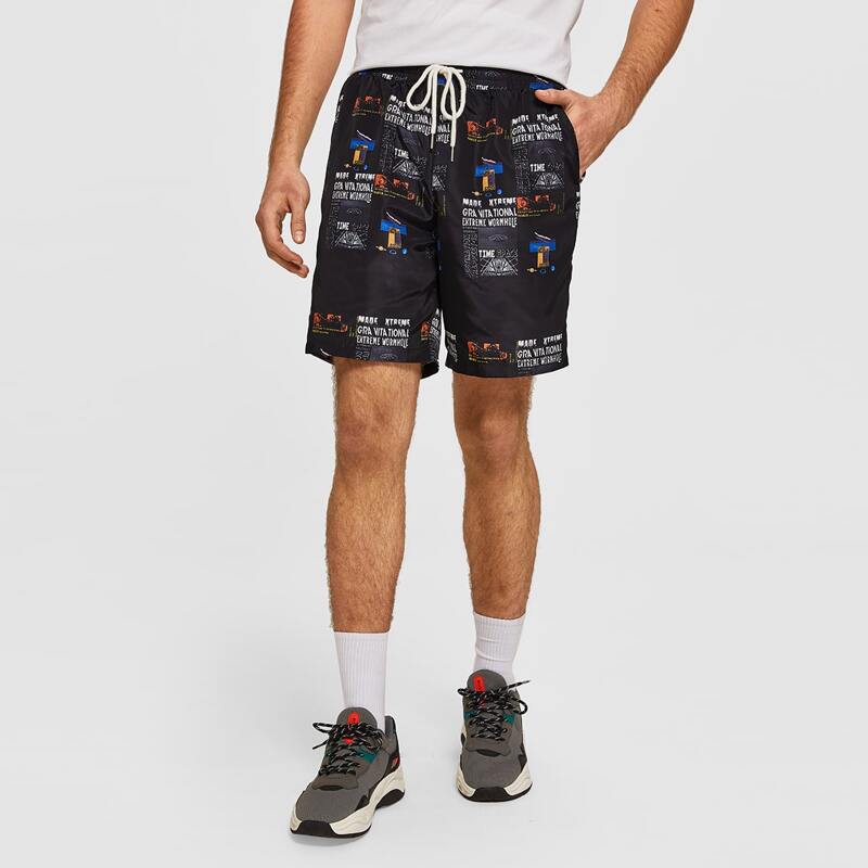 

Guys Drawstring Waist Slogan Graphic Shorts, Black