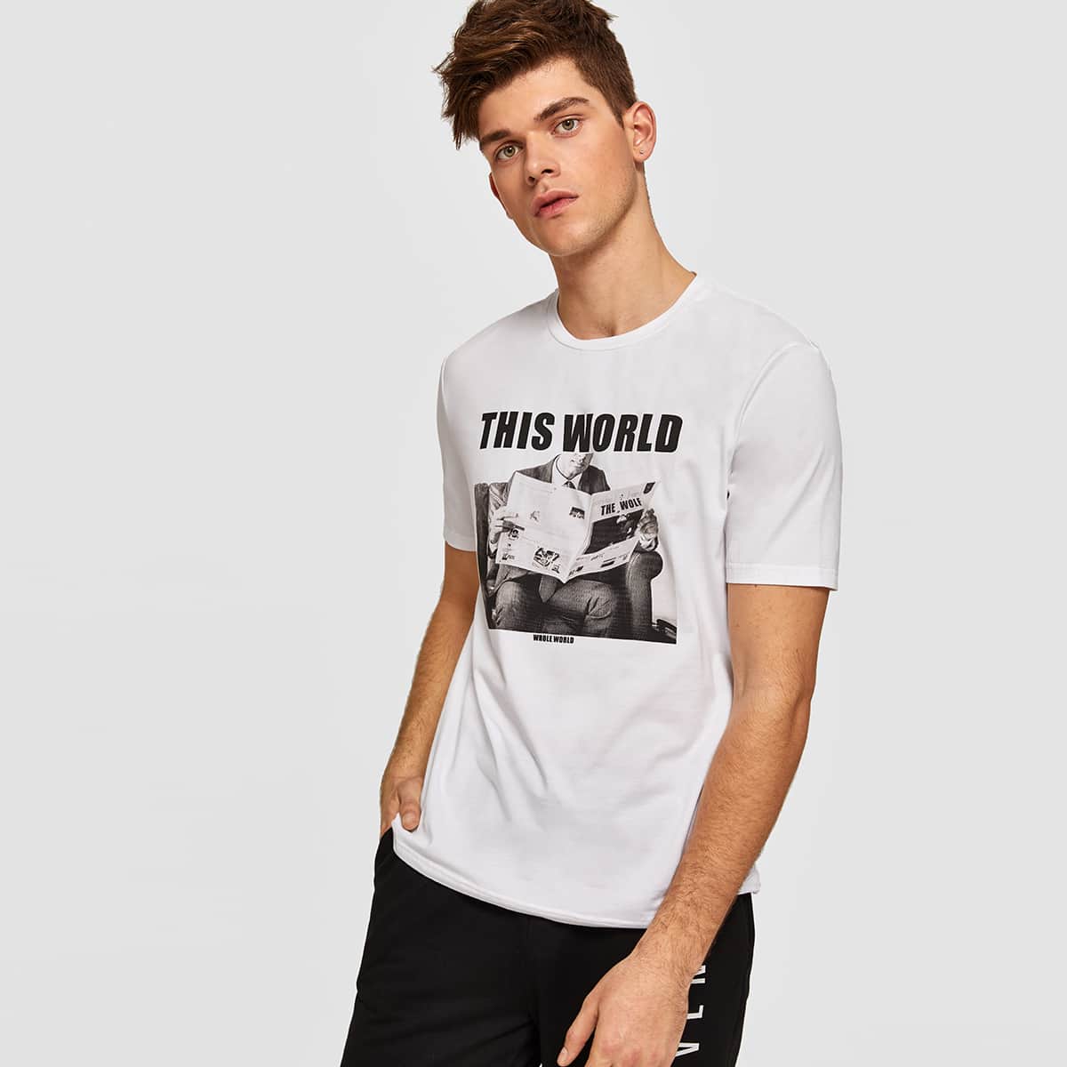 

Guys Slogan and Figure Graphic Top, White