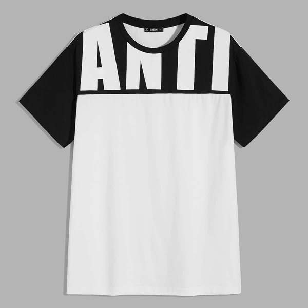 

Мужской двухцветный топ с коротким рукавом и текстовым принтом, Белые