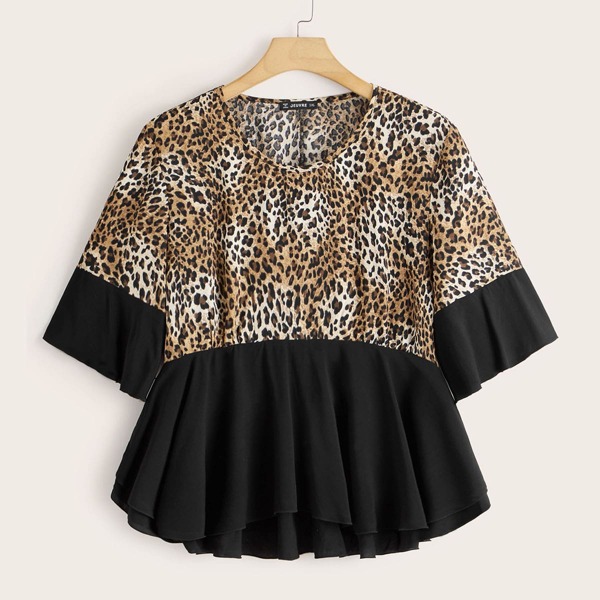 

Plus Flounce Sleeve Contrast Hem Leopard Peplum Blouse, Multicolor