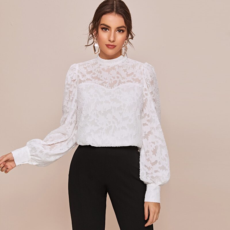 

Keyhole Back Lantern Sleeve Jacquard Applique Blouse, White
