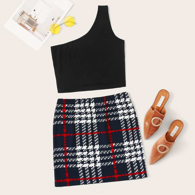 

One Shoulder Top & Plaid Skirt Set, Multicolor