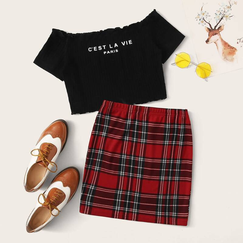 

Letter Graphic Lettuce Edge Bardot Top and Skirt Set, Multicolor