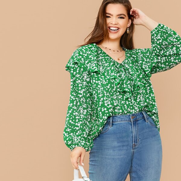 

Plus Ditsy Floral Print Ruffle Trim Balloon Sleeve Top, Green