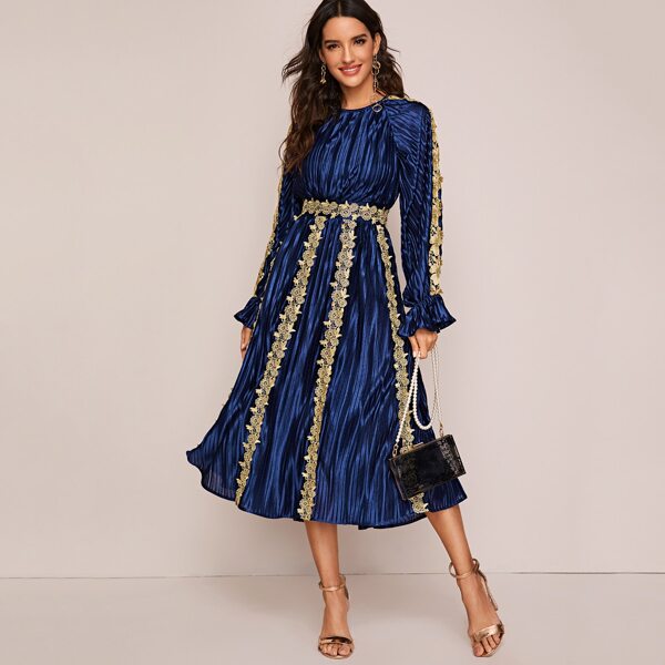 

Embroidery Appliques Raglan Sleeve Pleated Satin Dress, Navy blue