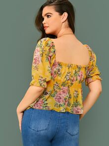 SHEIN Plus Frill Trim Shirred Detail Botanical Print Peplum Top - Yellow - View 2