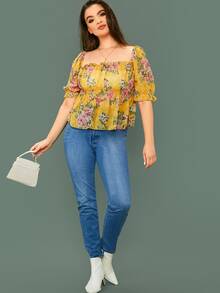 SHEIN Plus Frill Trim Shirred Detail Botanical Print Peplum Top - Yellow - View 5