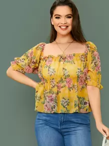 SHEIN Plus Frill Trim Shirred Detail Botanical Print Peplum Top - Yellow - View 1