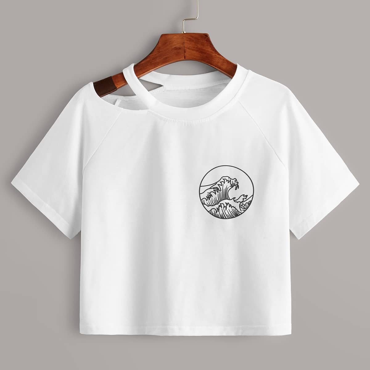 

Wave Graphic Cut Out Neck Crop Top, White
