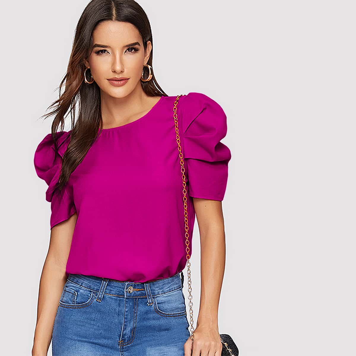 

Pleated Puff Sleeve Solid Top, Red violet