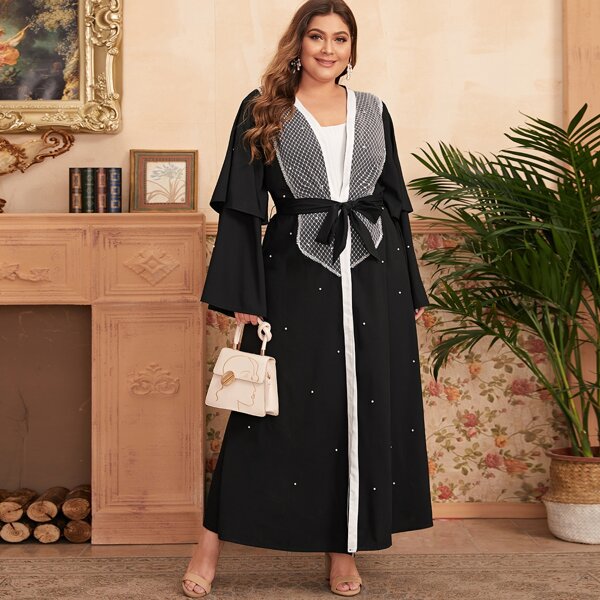 

Контрастное кружевное кимоно размера плюс с поясом, Чёрный