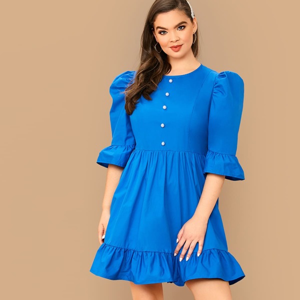 

Plus Button Front Bell Sleeve Ruffle Dress, Blue bright