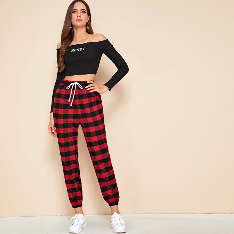 

Drawstring Waist Gingham Pants, Red