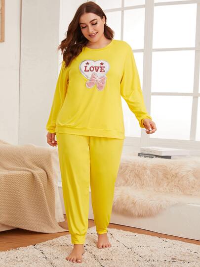 Plus Neon Yellow Letter Contrast Sequin PJ Set