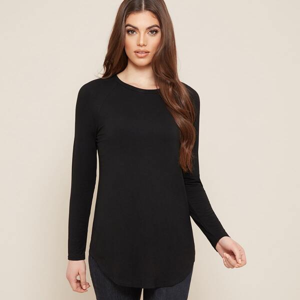 

Raglan Sleeve Curved Hem Tee, Black