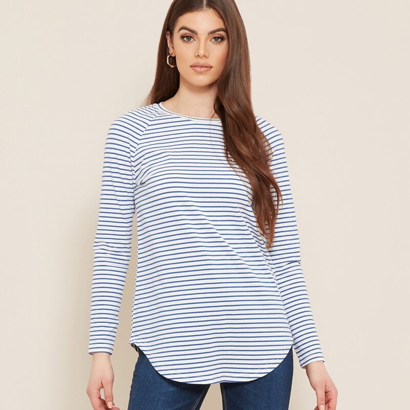 

Raglan Sleeve Curved Hem Striped Tee, Blue