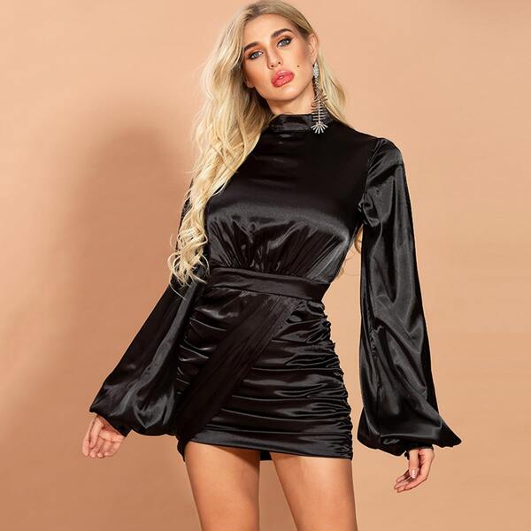 

Missord Lantern Sleeve Draped Ruched Satin Dress, Black