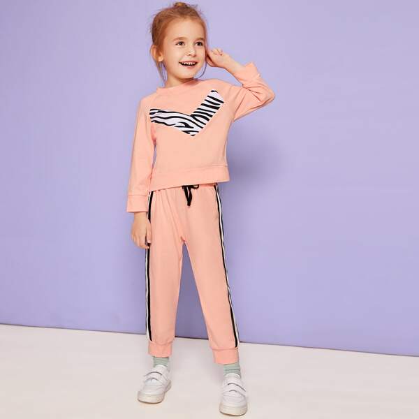 

Toddler Girls Zebra Striped Panel Sweatshirt & Tape Side Joggers, Pink