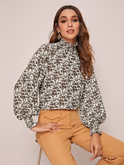 Shirred Cuff Ditsy Floral Print Blouse