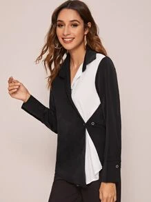 Two Tone Button Detail Shirt - Black and White - View 3