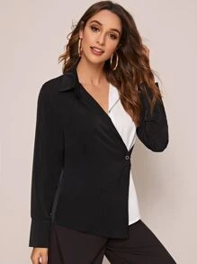 Two Tone Button Detail Shirt - Black and White - View 4