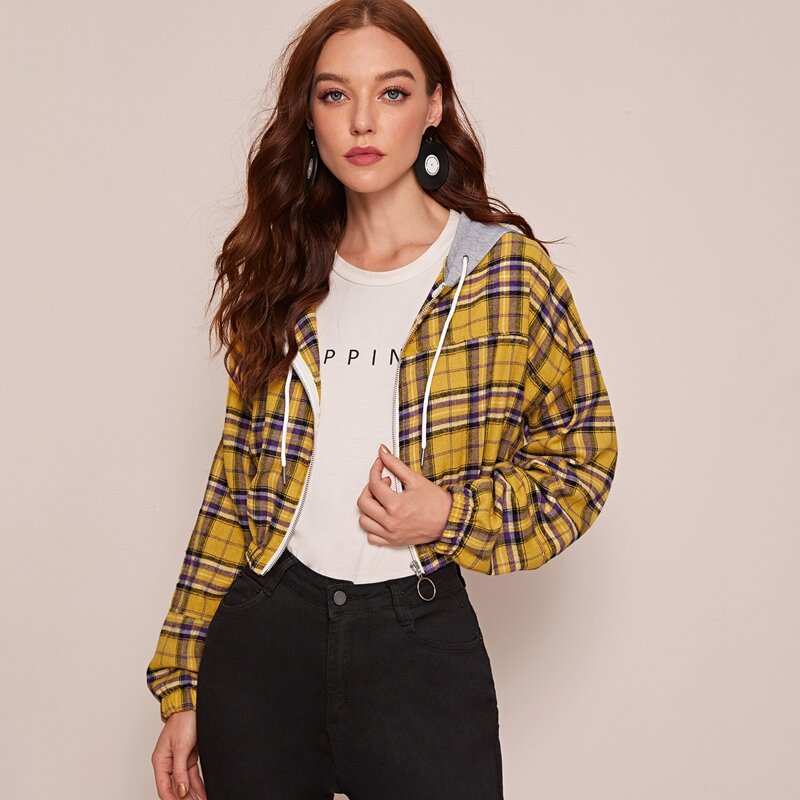 

Tartan Plaid Drawstring Hooded Crop Jacket, Yellow