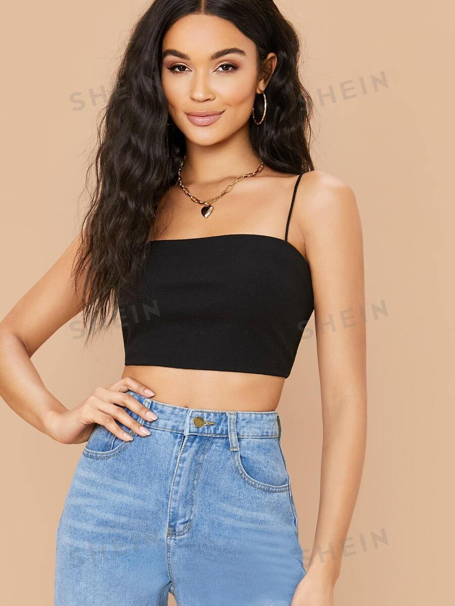 SHEIN Essnce Top decupat cu nervuri - Negru - Vizualizare 1