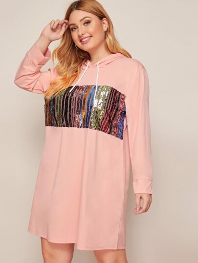 Plus Contrast Sequin Drawstring Hoodie Dress
