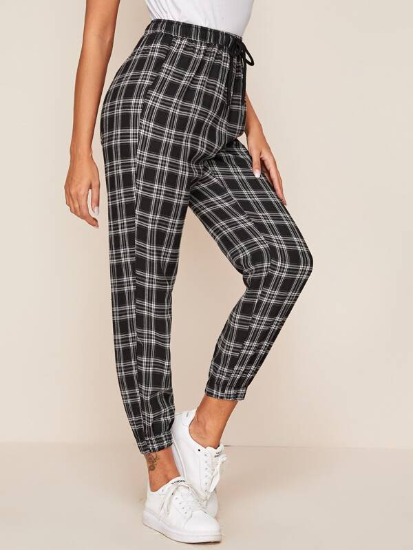 drawstring waist plaid trousers