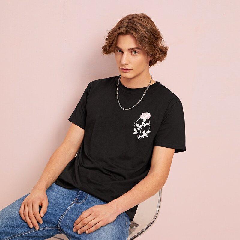 

Guys Rose Print Round Neck Tee, Black
