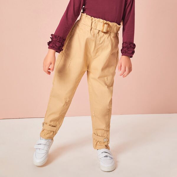 

Toddler Girls Ripped Square Buckle Paperbag Pants, Khaki