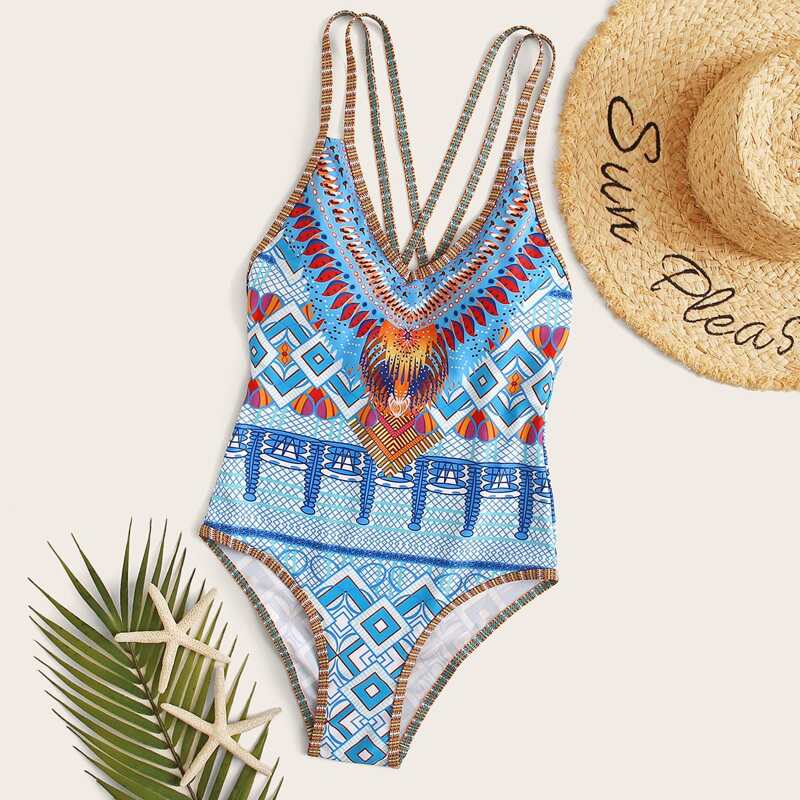 

Aztec Print Criss Cross One Piece Swimwear, Multicolor