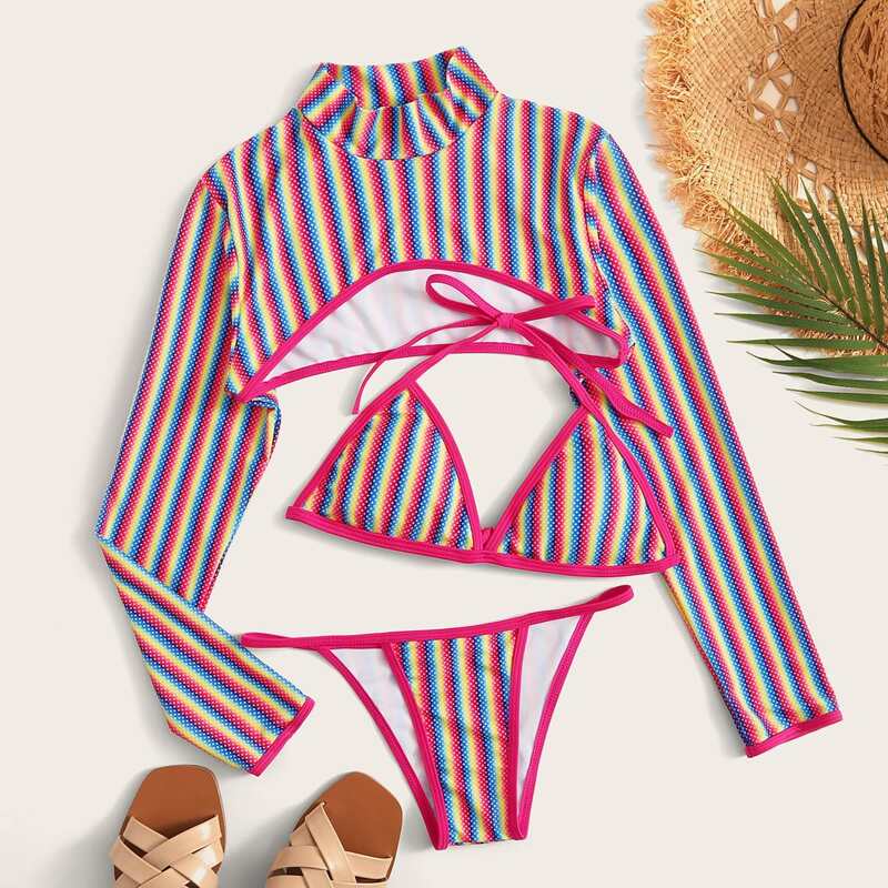 

Long Sleeve Neon Striped 3 Piece Co-ord Bikini Set, Multicolor