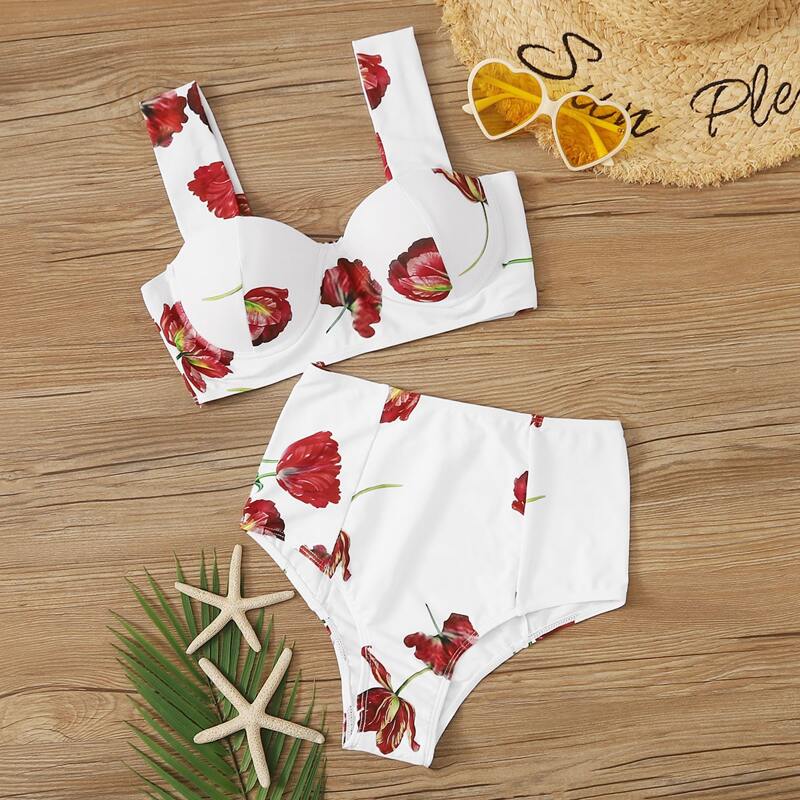 

Floral Print Top With High Waist Bikini Set, Multicolor