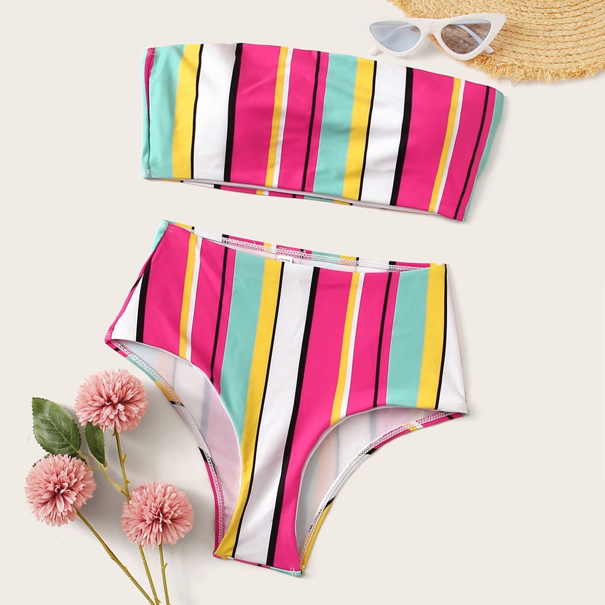

Colorful Striped Bandeau With High Waist Bikini Set, Multicolor