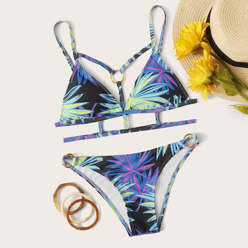 

Leaf Print Ring Linked Harness Bikini Set, Multicolor