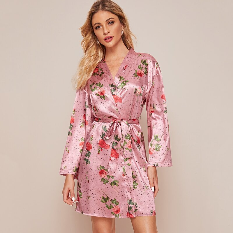 

Floral Print Belted Satin Robe, Pink