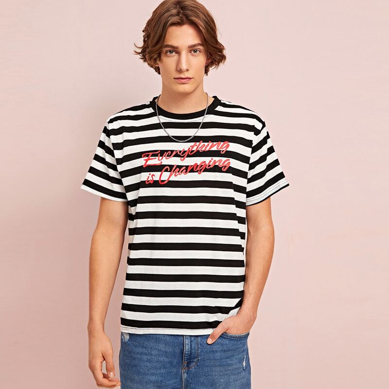 

Guys Slogan Graphic Striped Tee, Black and white