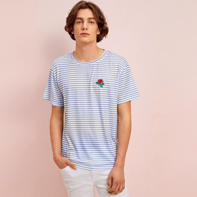 

Guys Rose Print Striped Tee, Blue