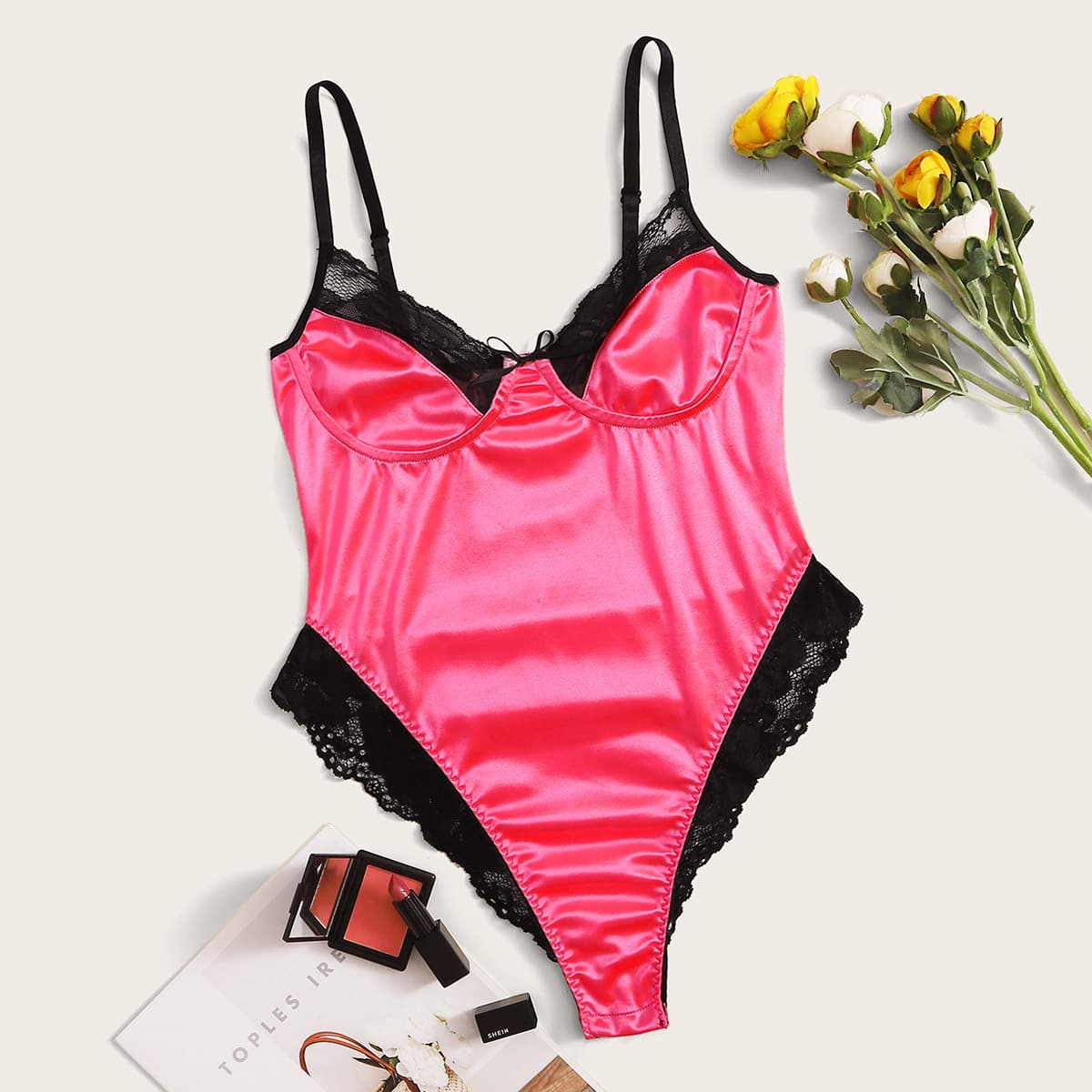 

Neon Pink Lace Trim Satin Teddy Bodysuit, Pink bright