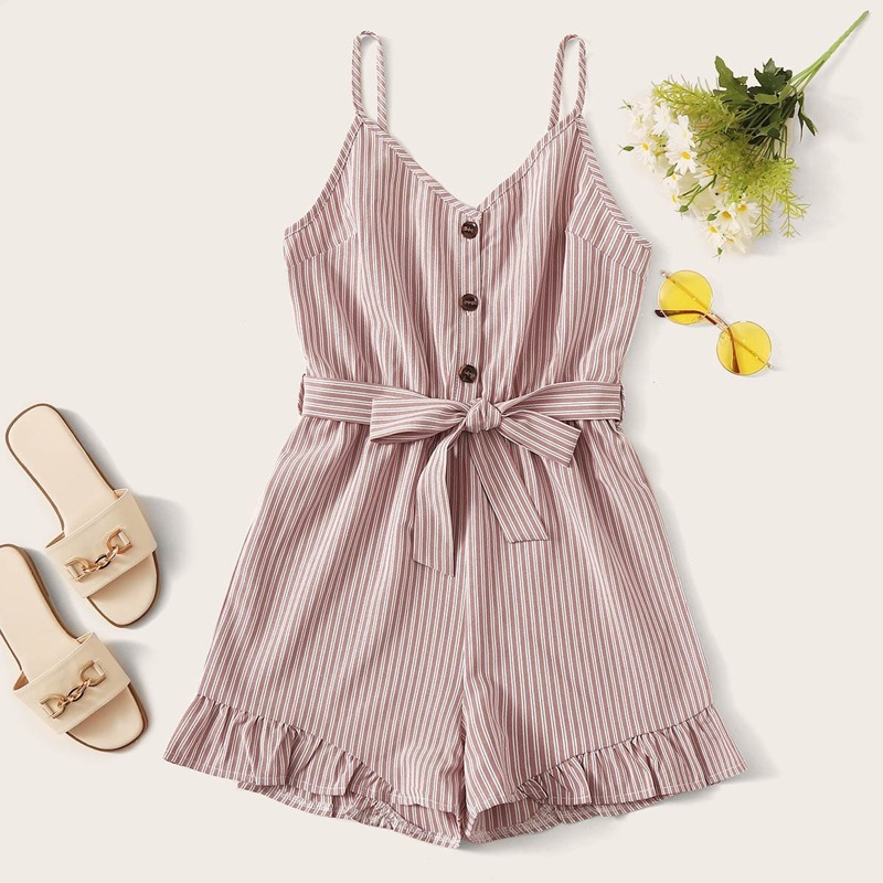 

Striped Self Tie Cami Romper, Multicolor
