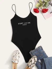 SHEIN EZwear Paris Graphic Cami Bodysuit - Black - View 1