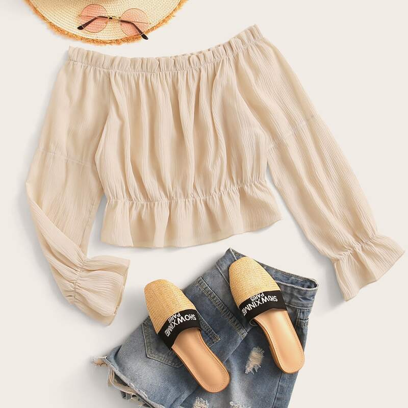 

Ruffle Hem Off Shoulder Blouse, Beige