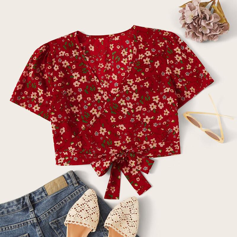 

Self Tie Floral Wrap Crop Top, Red