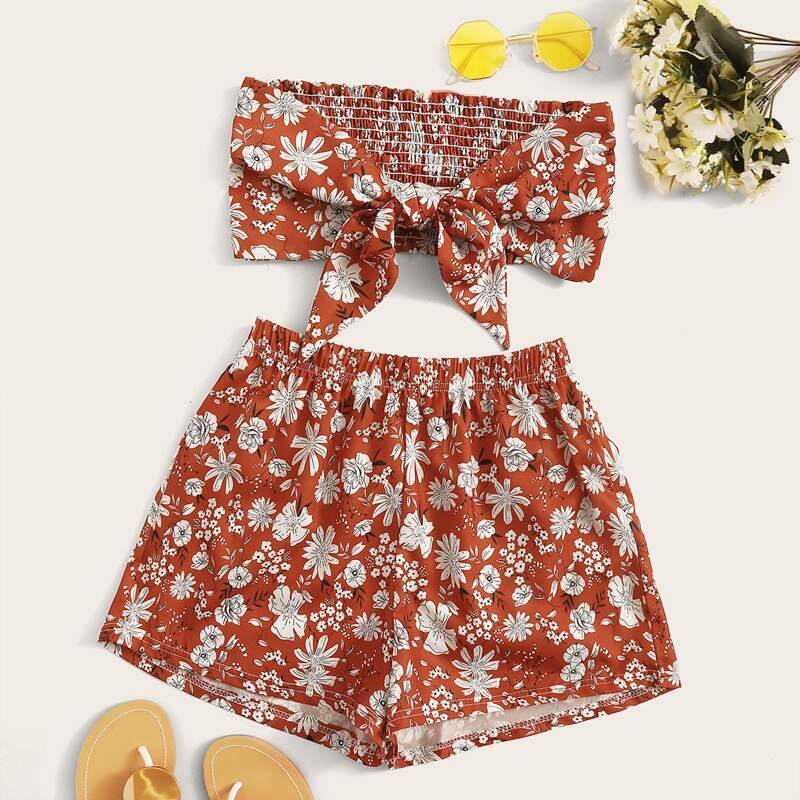 

Floral Knot Front Shirred Tube & Shorts, Multicolor