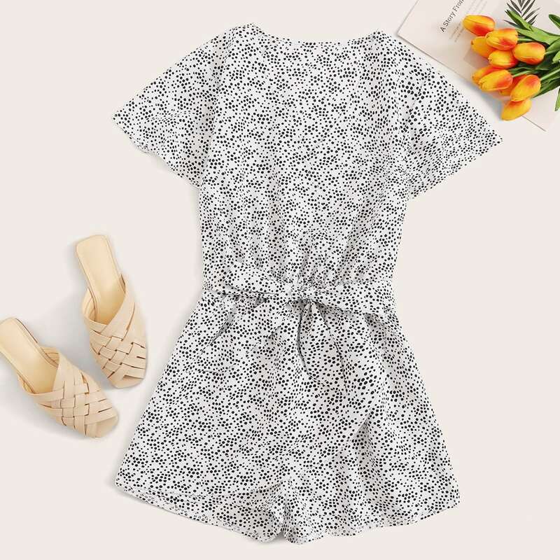 

Self Tie Dalmatian Print Wrap Romper, Black and white